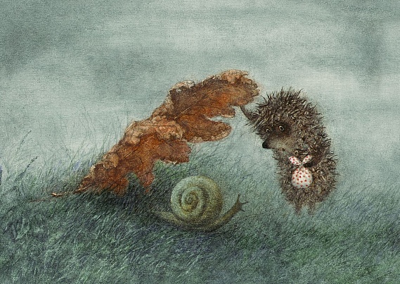 Hedgehog with leaves and snail